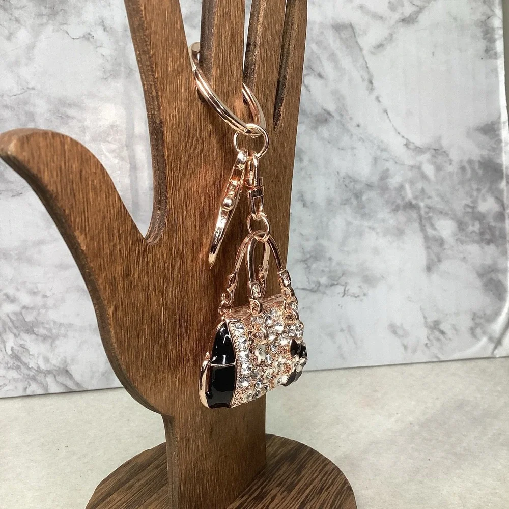 2-Way Black Floral Rhinestone Handbag Charm‎ - Key Chain Rose Gold Tone EUC